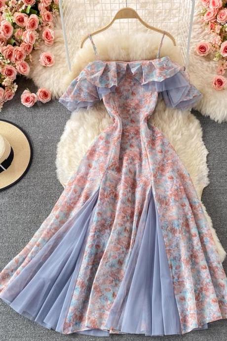 Romantic Lace Patchwork Floral Print Long Dress Women Fashion Off Shoulders High Split Elegant Party Dress