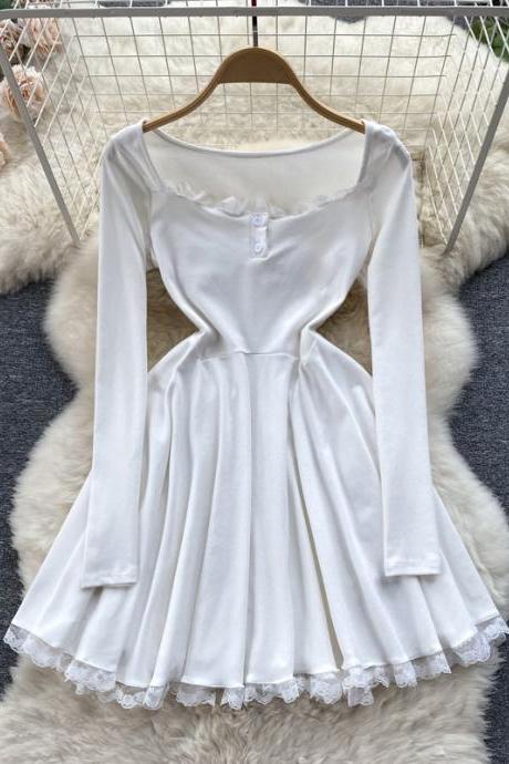 Romantic Princess Lace Patchwork White Black Women Dress High Waist Short Party Dress