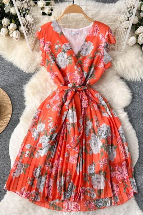 Romantic Women Chiffon Party Dress Elegant Bandage Floral Print Dress