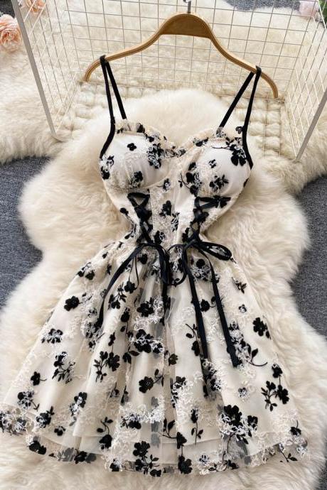Romantic Women Lace Embroidery Party Dress Bandage Slim Waist Gothic Short Dress Aesthetic Vestidos Dress