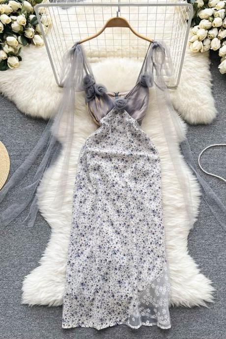Romantic Women Lace Patchwork Party Dress Elegant High Waist Floral Print Bandage Long Dress