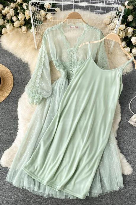 Romantic Women Lace Two Piece Party Dress Elegant V-neck Long Sleeve Vintage Midi Dress