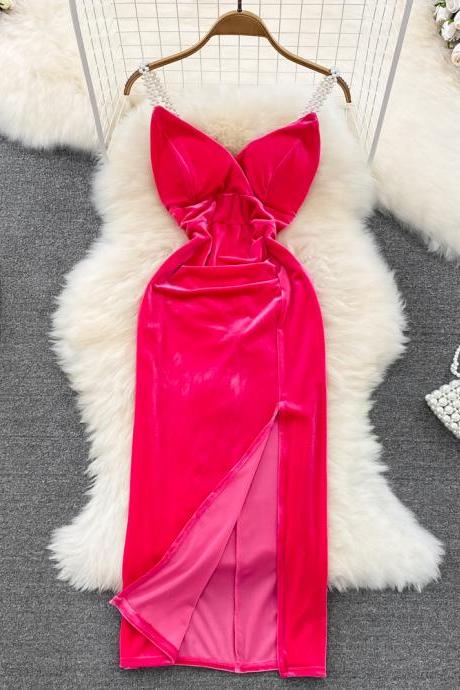 Romantic Women Pearl Straps Party Dress Elegant High Waist Split Velvet Long Dress