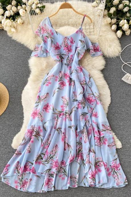 Romantic Women Ruffles Split Chiffon Beach Dress Elegant Flower Print One-shoulder Vacation Long Dress