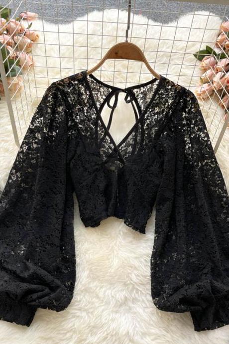 Sexy Backless Lace Shirt Hollow Out Transparent Short Blouse Women Elegant Casual Crop Tops Blusas
