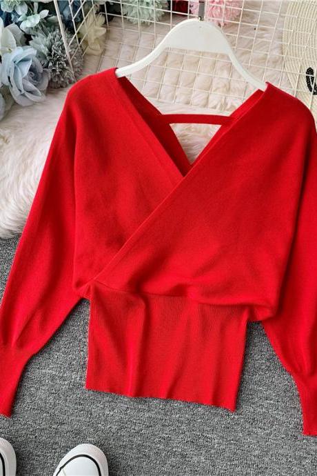 Sexy V-neck Sweater Women Batwing Long Sleeve Pullover Casual Elegant Sweaters Female Soft Bottoming Shirt