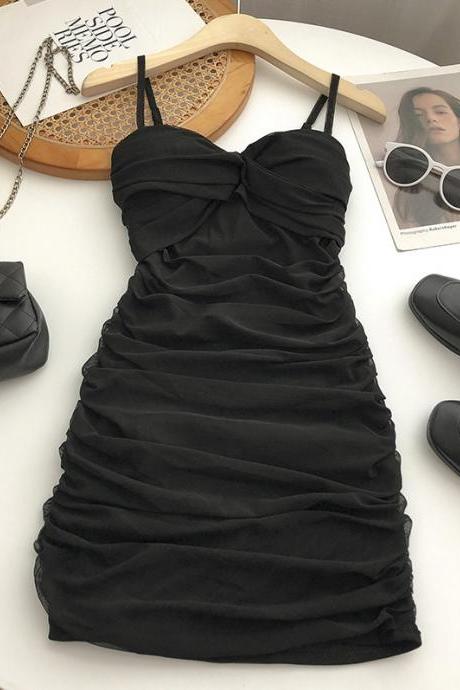 Sexy Women Mesh Bodycon Party Dress Knot High Waist Strap Ruched Vest Dress Black Mini Dress