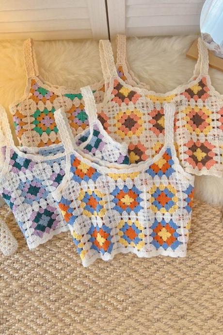 Vintage Chic Hollow Out Tanks Camis For Women Sleeveless Crochet Floral Print Femme Crop Tops Woman Camisoles