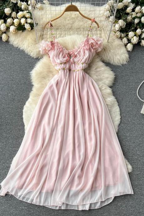 Women Dress Elegant Off Shoulders Lady Strap Vacation Party Long Dress Pink Chiffon Dress