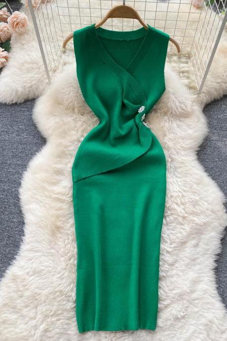 Women Dress Elegant Slim Waist Buttons Design Knee-length Knit Office Ladies Dress