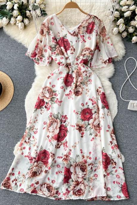 Women Dress Fashion Romantic Floral Print Long Chiffon Dress