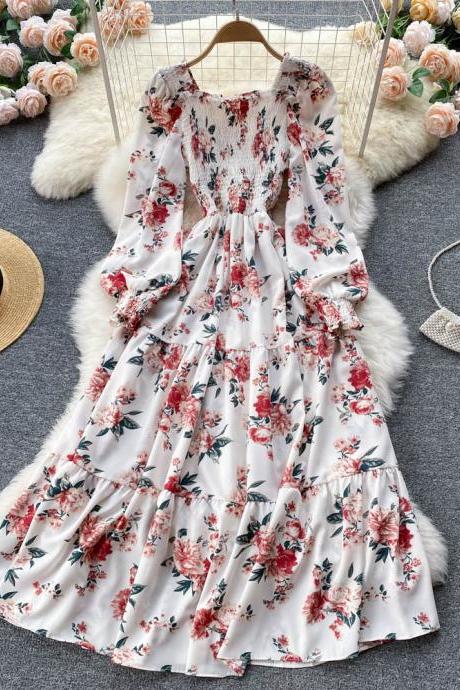Women Dress Romantic Floral Print Long Puff Sleeve Maxi Dress