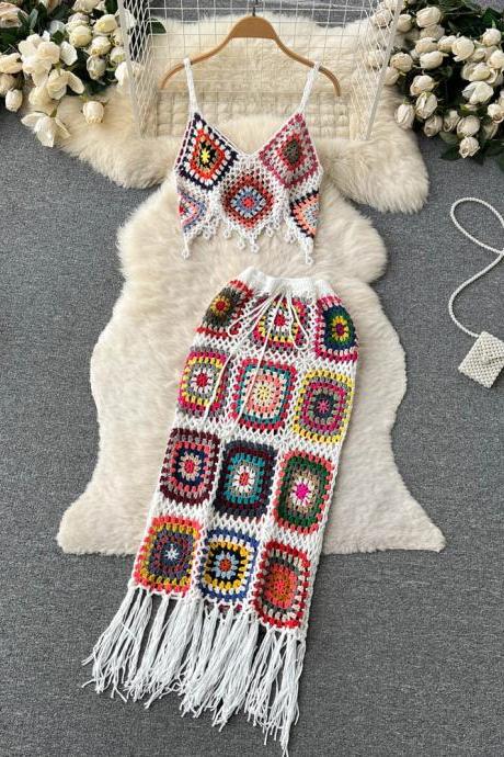 Women Dress Set Dress Fashion Beach Crochet Crops Tops + High Waist Tassel Skirts Sexy Two Piece