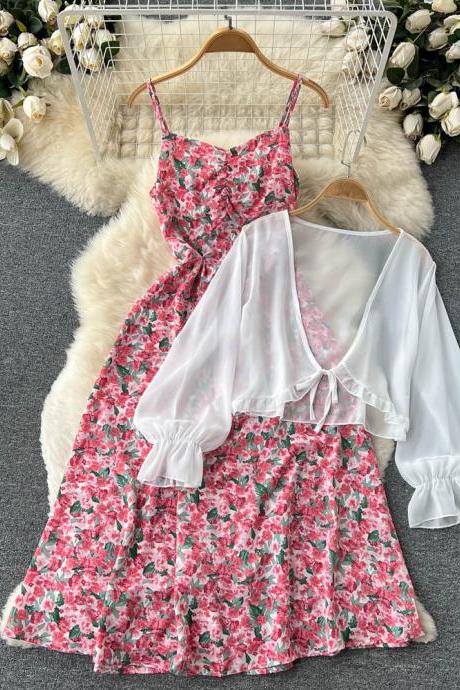 Women Dress Set Fashion Floral Print Strap Dress + White Chiffon Shawl Vacation Two Piece Suits