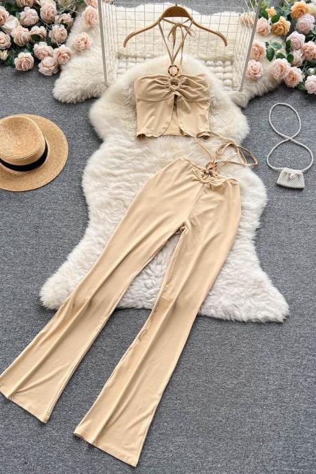 Women Dress Set Fashion Sexy Crop Tops + High Waist Bandage Long Pants Beach Two Piece Suits