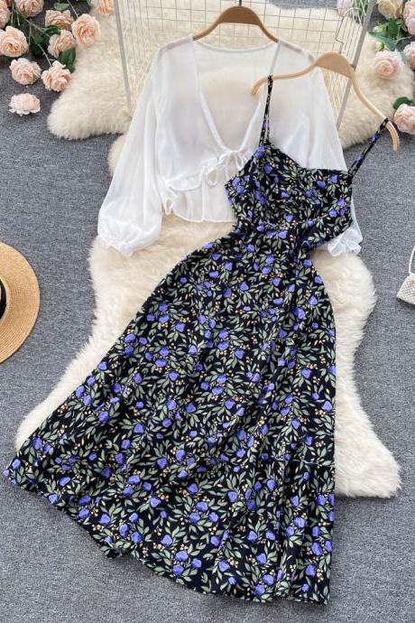 Women Dress Set Holiday Floral Strap Long Dress+ White Sun Protection Shawl Beach Tops Two-piece