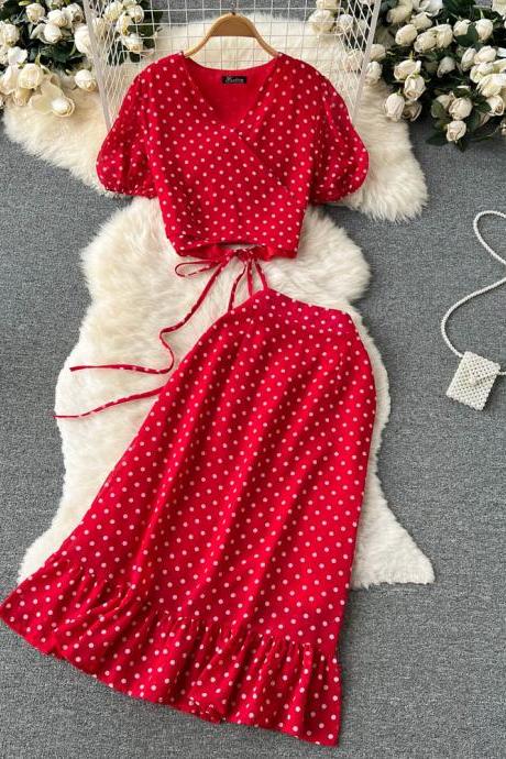 Women Dress Set Polka Dot Bandage Crop Tops + High Waist Ruffle Skirts Female Two Piece Suits Streetwear