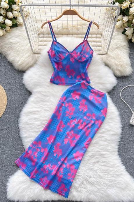 Women Dress Set Print Beach Fashion Sexy Strap Camis Tops + Slim Wrap Hips Skirts Two Piece Suit