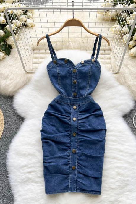 Women Fashion Slim Waist Denim Dress Streetwear Single-breasted Strap Ruched Bodycon Jeans Dress