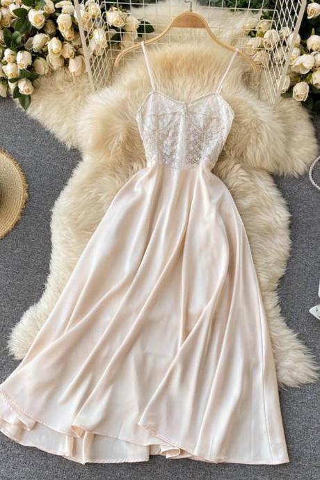 Women Romantic Lace Embroidery Party Dress Lady Strap Satin Long Dress