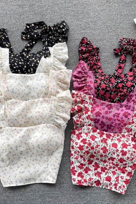 Women Tank Tops Romantic Floral Print Slim Sleeveless Crop Tops Chest Padded Ladies Tops