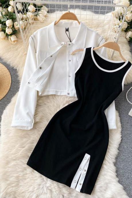 Women&amp;#039;s Sets Fashion White Coats Black Split Mini Vest Dress Streetwear Lady Fashion Outfits Two Piece