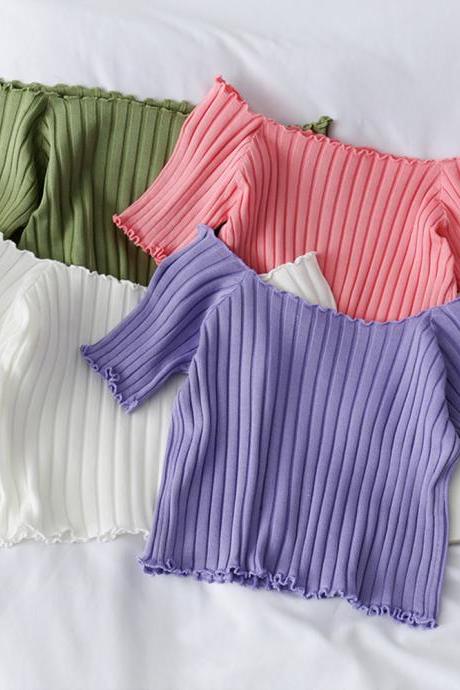 Ruffle Hem Tees Women Short Sleeve Knitted Crop Top Off Shoulder Flexible T-Shirts