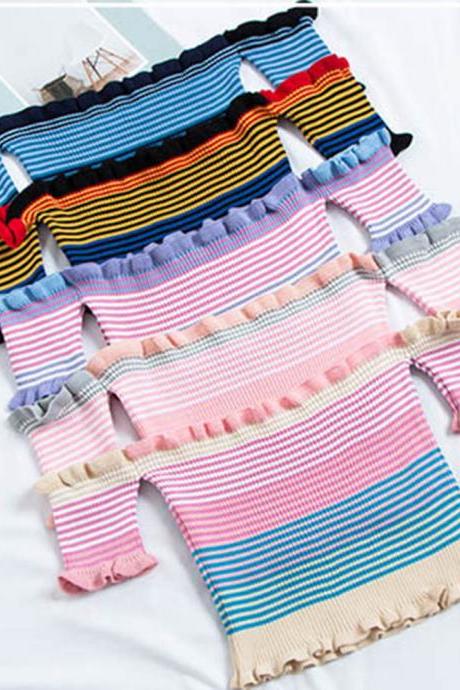 Women Rainbow Stripes Tops Female Off Shoulder Tops Women'S Clothing Ruffles Hem Tees Lady Sexy Tops