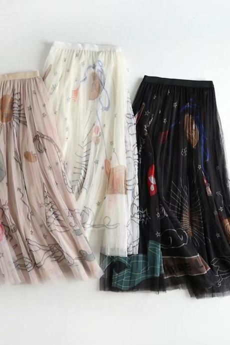 Fashion High Waist Slim A-line Swing Printed Mesh Pleated Mid-length Long Skirt Women