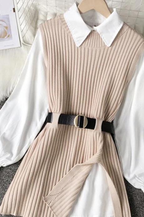 Female Fashion Chic Lace Up Waist Closing Knitting Vests + Lapel White Casual Long Sleeve Shirts