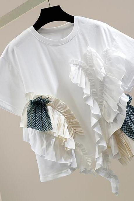 Fashion Ruffle Irregular Slim Stitching Short Sleeve Casual T-Shirt Top Women