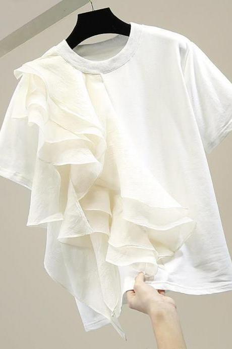 Women Design Ruffles Patchwork Loose Top T-shirt Round Neck Short Tops