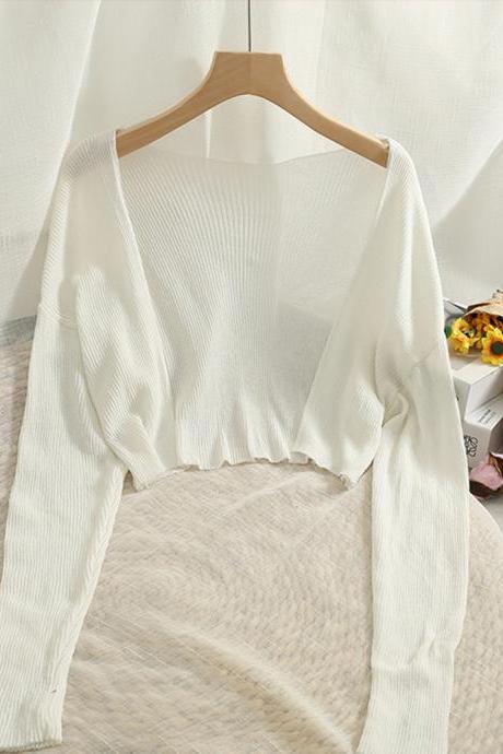 Women Cardigan Knit Top Long Sleeved Sunscreen Shawl Slim Shirt Tops