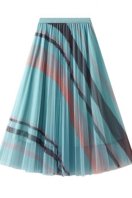 Women High Waist Print Stripe A Line Pleated Mesh Half Length Simple Skirt