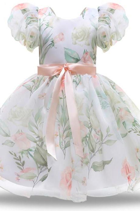 Elegant Girls Flower Puff Sleeve Dresses For Weddings Kids Formal Birthday Party Fairy Princess Cloth Children Tulle Vestidos