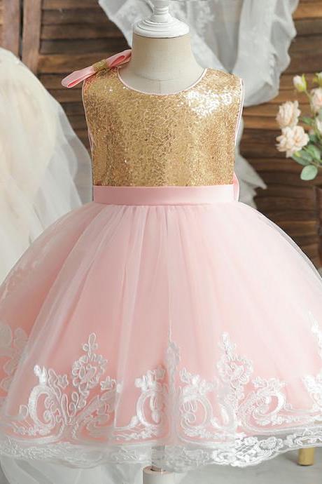 Toddler Baby Girl Sequin Dress Kid Flower Elegant Wedding Princess Party V-back Bow Tutu Dress