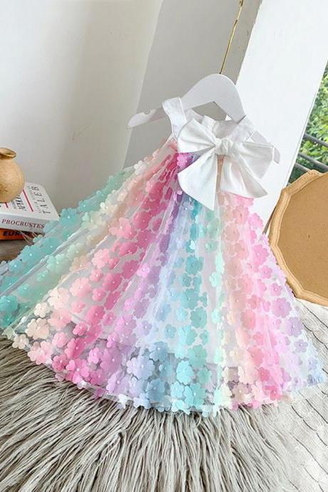 Girl Dress Girl's Clothing Baby Girl Fashion Three-dimensional Flower Dress Rainbow Mesh Dress