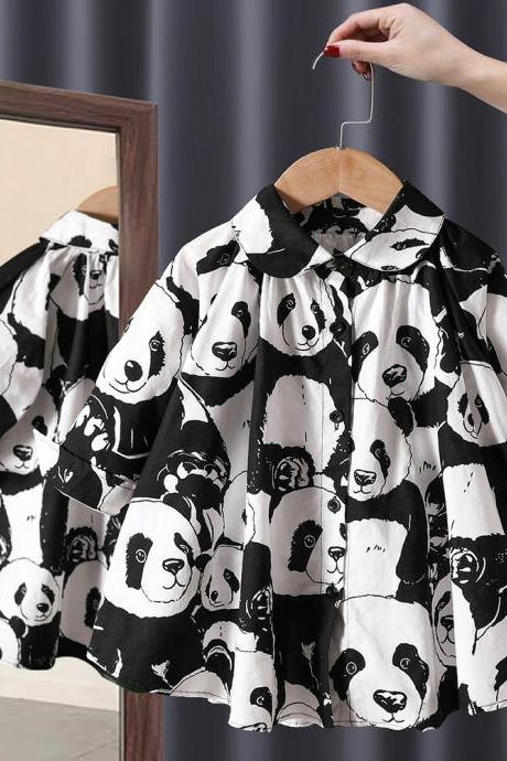 Girl Clothes Cool Panda Printing Dress Cotton Shirt Dress Outwear Kids Clothes Loose A-Line Dresses