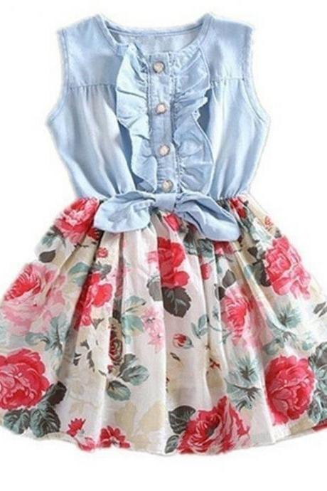 Girls Party Dress Children&amp;#039;s Wear Girls Short-sleeved Floral Pieced Chiffon Dresses Girls Dresses