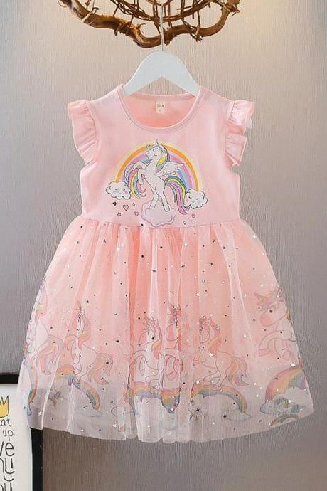 Unicorn Princess Dress Girls Rainbow Stars Birthday Wedding Dresses Sweet Kids Flower Vestidos Children Clothes