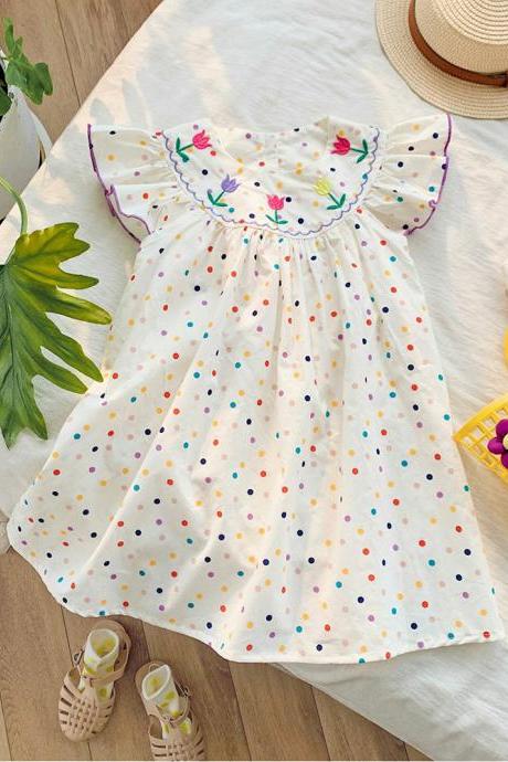 Girl'S Dress Fly Sleeve Sweet Princess Dresses Colorful Polka Dot Flower Embroidered Children'S Clothing