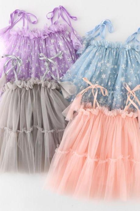 Snowflake Print Girls Party Dresses Cake Mesh Princess Dress Baby Bow Suspender Ball Gown Birthday Piano Dress