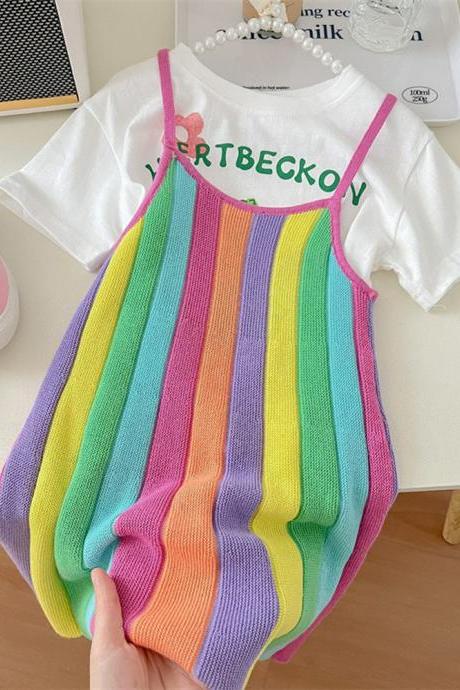 Kids Clothes For Baby Girls Cute Rabbit T-shirt + Rainbow Knitted Dress 2-piece Set Kawaii Skirt Sets