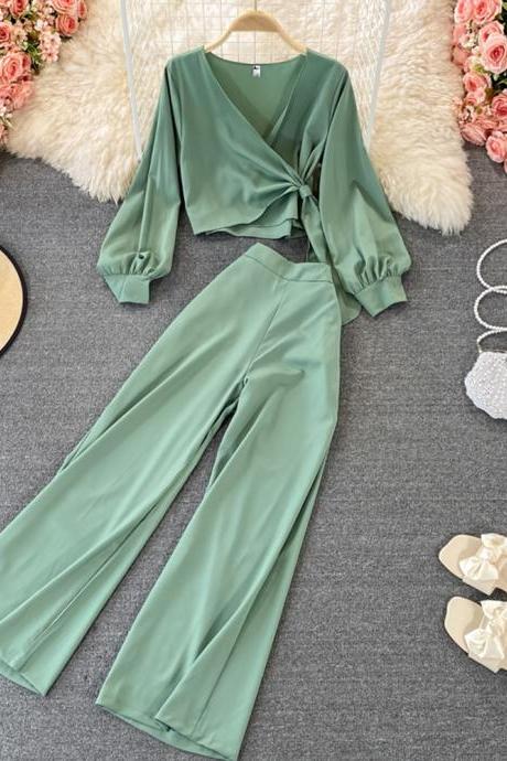 Fashion Women Elegant Casual Pantsuit Vintage Cropped Tops Straight Trousers 2 Pieces Set Female Chic Holiday Outfits