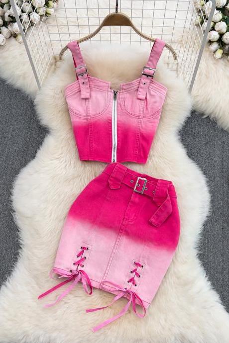 Vintage Women Pink Denim Skirts Suit Spaghetti Strap Shorts Tops Sexy Mini 2 Pieces Female Party Fashion Cloths