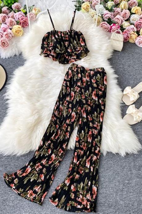 Women Fashion Floral Elegant Pantsuit Sleeveless Cropped Tops Wide-leg Trousers Two Pieces Set Beach Outfits