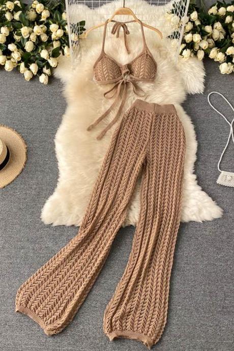 Women Sexy Knitted Pants Set Backless Short Tops & Chic Hollow Knitted Long Pants Lady Two Piece Suit