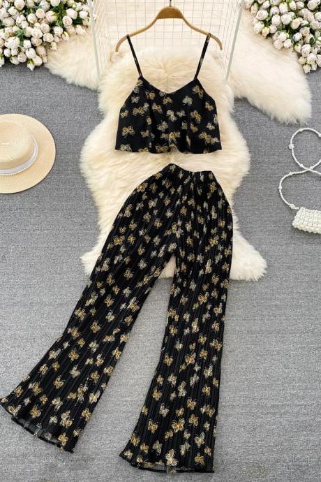 Fashion Women Vintage Floral 2 Piece Spaghetti Strap Tanks Tops Pleated Pantsuit Female Occasion Beach Trousers Suit
