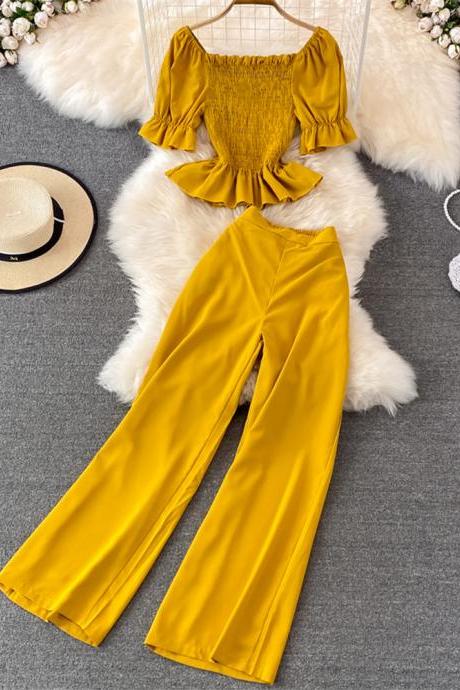 Women Fashion Elegant 2 Pieces Vintage Cropped Tops Wide-Leg Trousers Suit Female Solid Beach Holiday Party Pantsuit