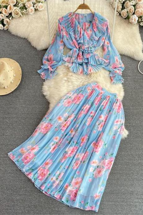 Fashion Women Vintage Floral Skirt Suit Casual Elegant Shirts Tops A-line 2 Pieces Female Slim Occation Outfits